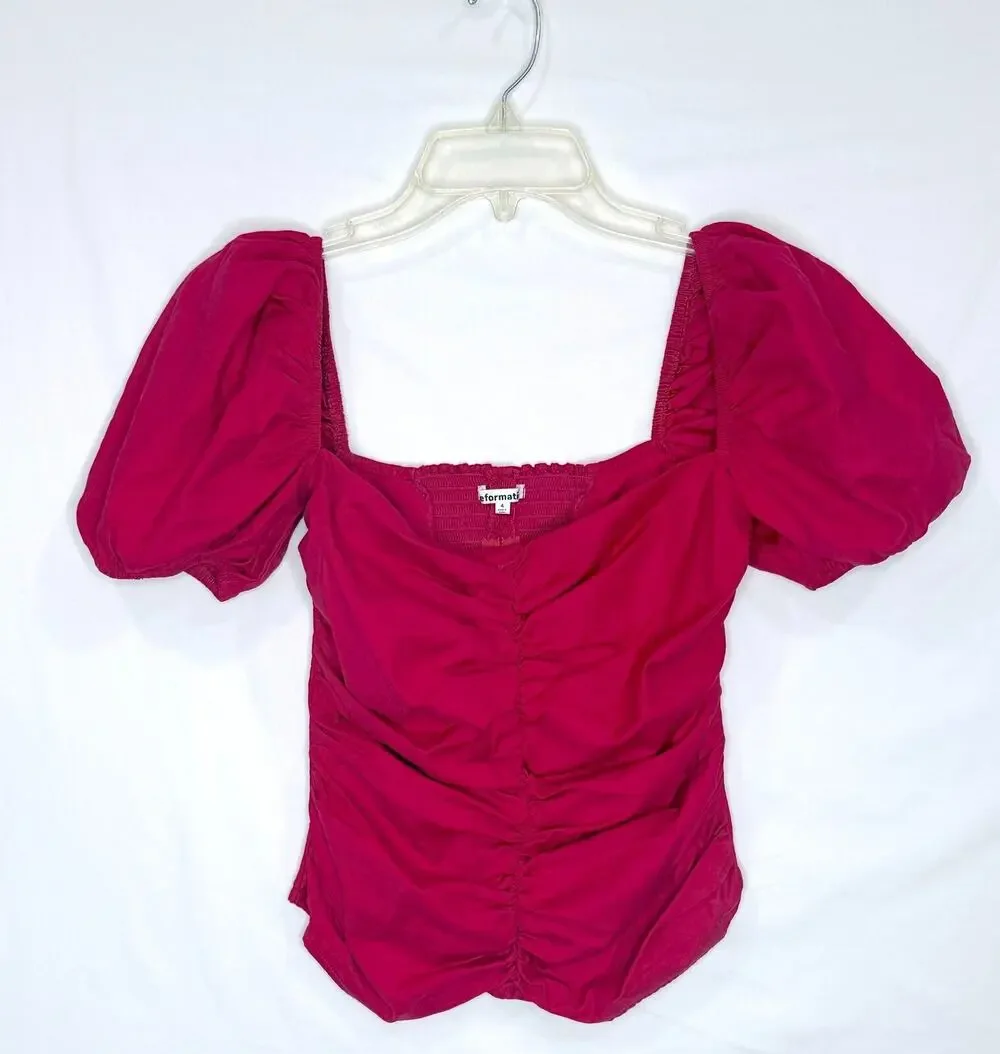 Reformation Women's 4 Magenta Puff Sleeve Ruched Top Sweetheart Smocked Cotton